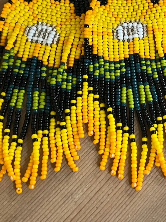 Handmade Beaded Sunflower Fringe Earrings - Yellow & Black - Picture 6 of 13